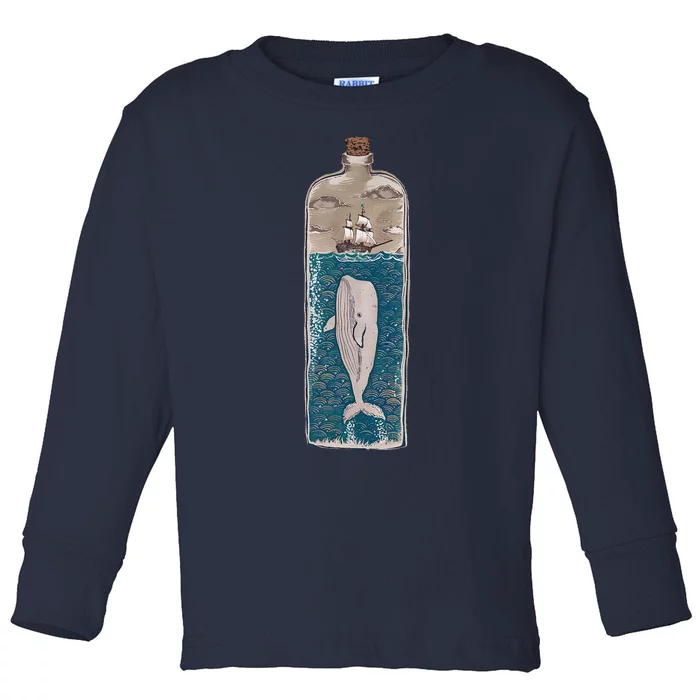 Whale In A Bottle Nautical Ship And Ocean Waves Toddler Long Sleeve Shirt