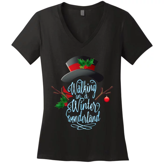 Walking In A Winter Wonderland Snowman Vintage Christmas Women's V-Neck T-Shirt