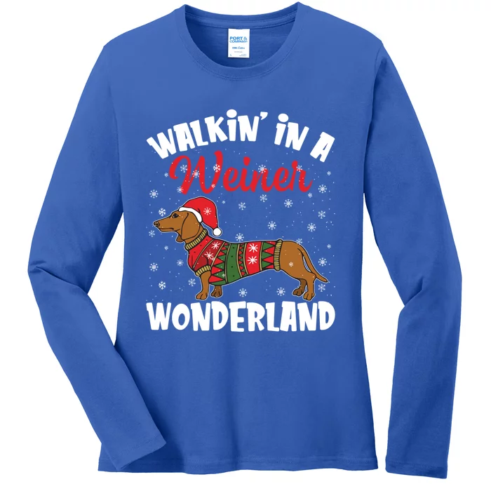 Walking In A Wiener Wonderland Funny Dachshund Christmas Cool Gift Ladies Long Sleeve Shirt