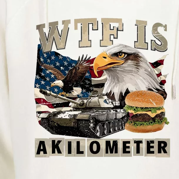 Wtf Is A Kilometer Eagle Badge American Signature Burger Womens Funnel Neck Pullover Hood