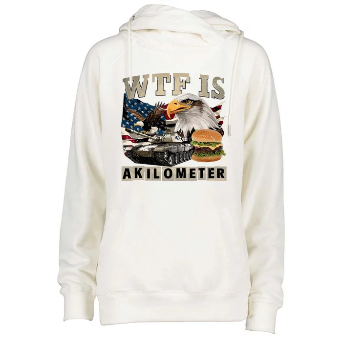 Wtf Is A Kilometer Eagle Badge American Signature Burger Womens Funnel Neck Pullover Hood