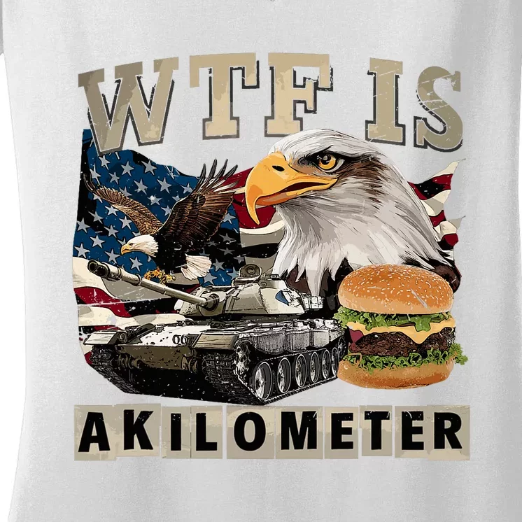 Wtf Is A Kilometer Eagle Badge American Signature Burger Women's V-Neck T-Shirt