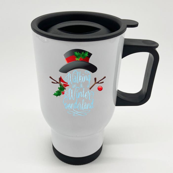 Walking in a Winter Wonderland  Snowman Christmas Holiday Front & Back Stainless Steel Travel Mug