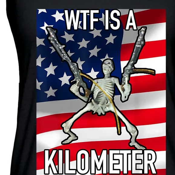 WTF Is A Kilometer July 4th Skeleton Funny Cringey USA Meme Ladies Essential Flowy Tank