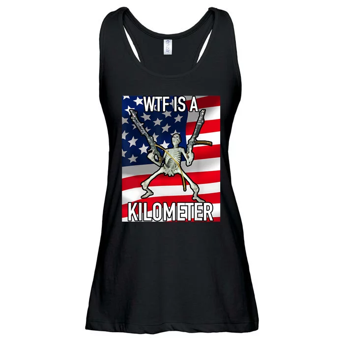 WTF Is A Kilometer July 4th Skeleton Funny Cringey USA Meme Ladies Essential Flowy Tank