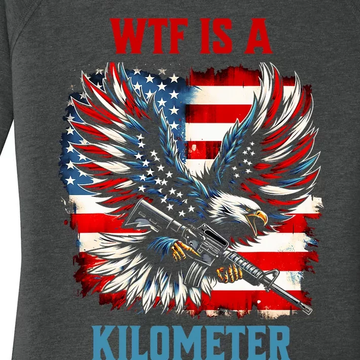 Wtf Is A Kilometer Eagle Badge American Flag Women's Perfect Tri Tunic Long Sleeve Shirt