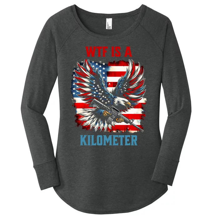 Wtf Is A Kilometer Eagle Badge American Flag Women's Perfect Tri Tunic Long Sleeve Shirt