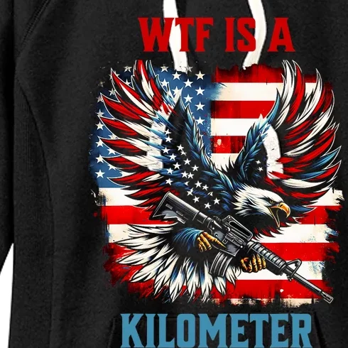 Wtf Is A Kilometer Eagle Badge American Flag Women's Fleece Hoodie