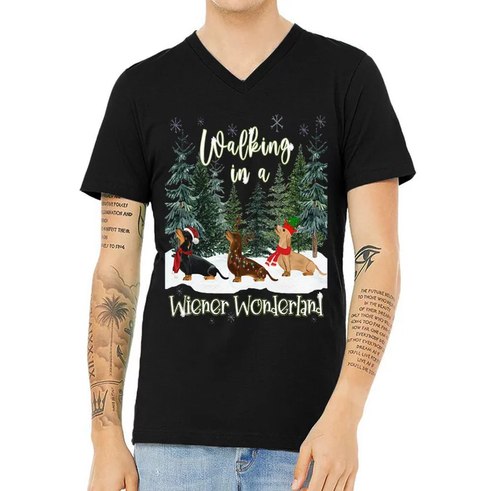 Walking In A Wiener Wonderland Dachshund Trio V-Neck T-Shirt