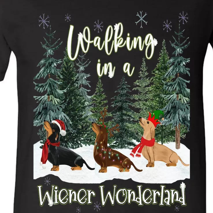 Walking In A Wiener Wonderland Dachshund Trio V-Neck T-Shirt