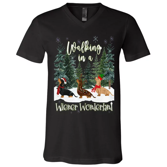 Walking In A Wiener Wonderland Dachshund Trio V-Neck T-Shirt