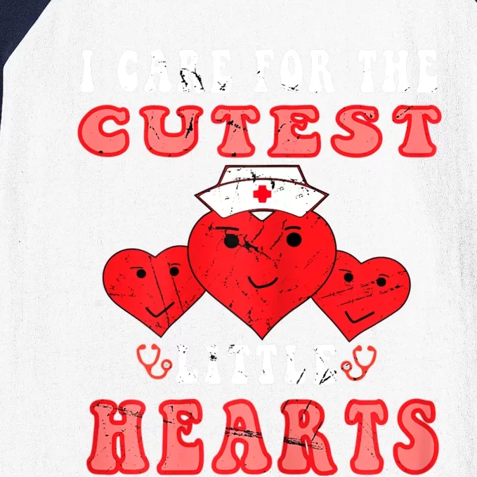 Womens I Care For The Cutest Little Hearts Groovy Nurse Valentines Baseball Sleeve Shirt