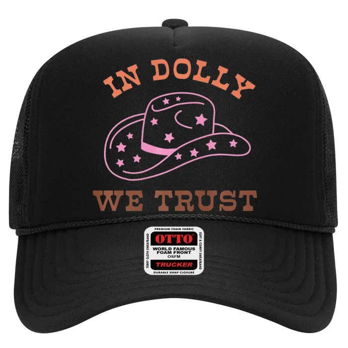 Western In Dolly We Trust Funny Cow Howdy Yeehaw Rodeo High Crown Mesh Trucker Hat