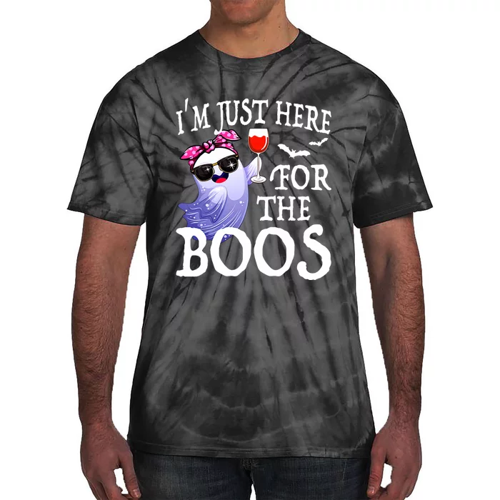 Women Im Just Here For The Boos Cute Halloween Ghost Wine Tie-Dye T-Shirt