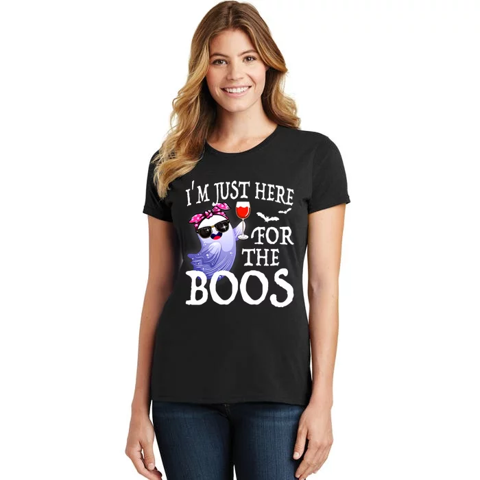 Women Im Just Here For The Boos Cute Halloween Ghost Wine Women's T-Shirt