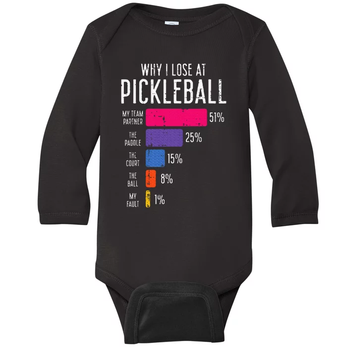 Why I Lose At Pickleball Funny Pickle Ball Baby Long Sleeve Bodysuit