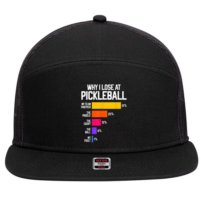 Why I Lose at Pickleball Humor Funny Pickleballers 7 Panel Mesh Trucker Snapback Hat