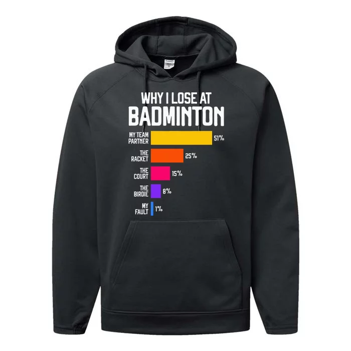 Why I Lose At Badminton Funny Excuses Shuttlecock Birdie Performance Fleece Hoodie