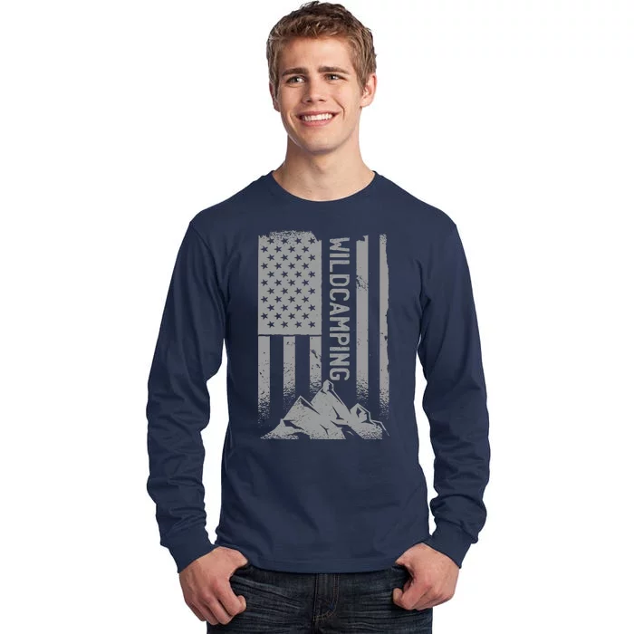 Wild Camping American Flag Mountain Tall Long Sleeve T-Shirt