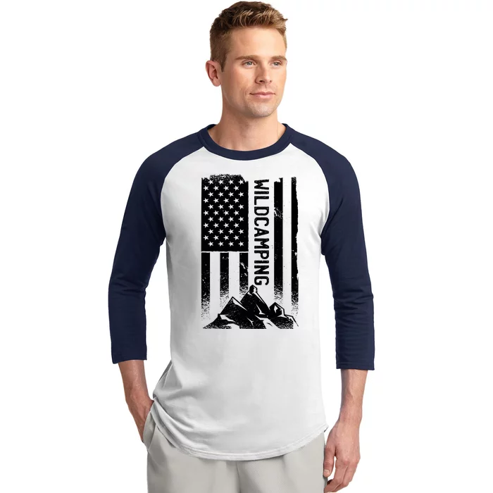 Wild Camping American Flag Mountain Baseball Sleeve Shirt