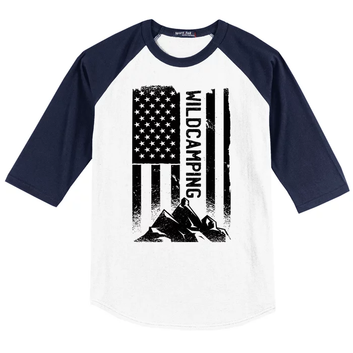 Wild Camping American Flag Mountain Baseball Sleeve Shirt