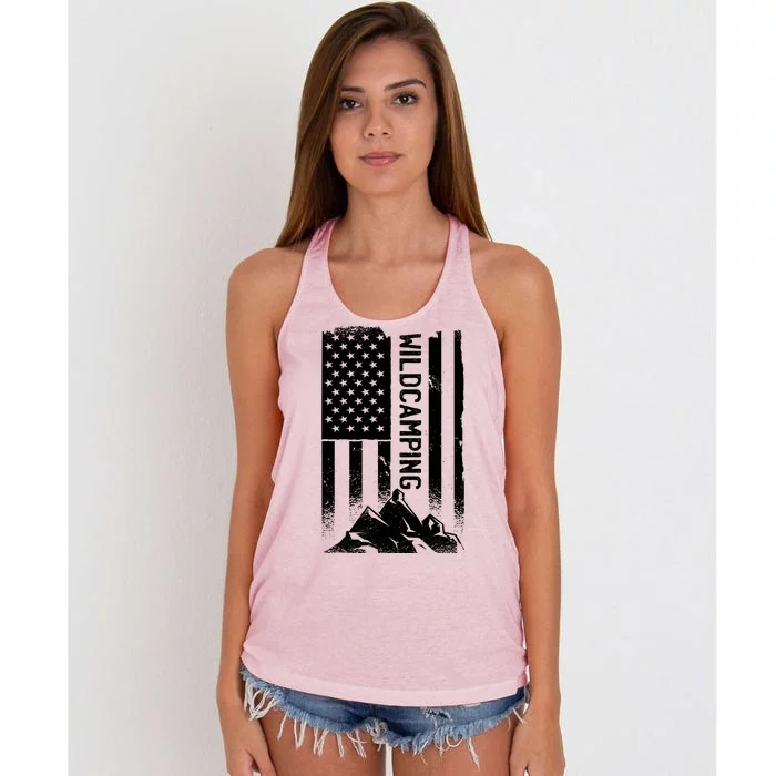 Wild Camping American Flag Mountain Women's Knotted Racerback Tank