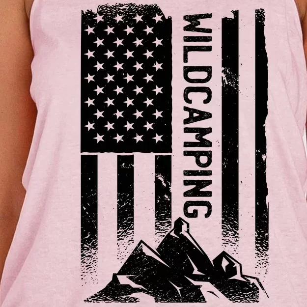 Wild Camping American Flag Mountain Women's Knotted Racerback Tank