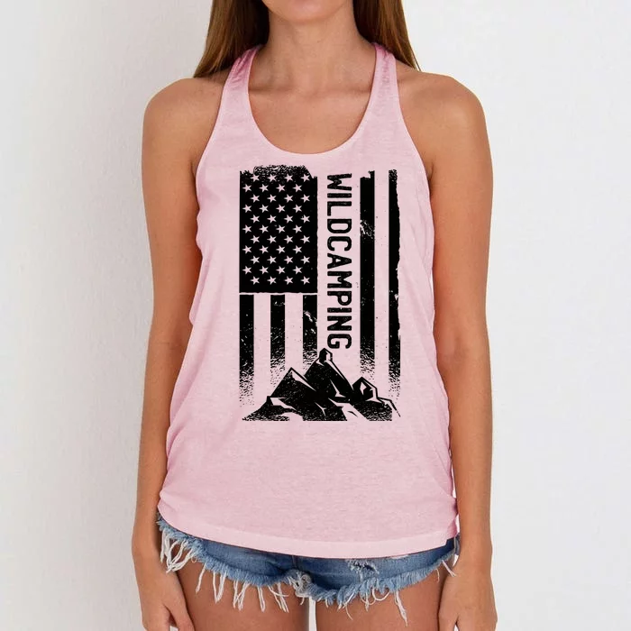 Wild Camping American Flag Mountain Women's Knotted Racerback Tank