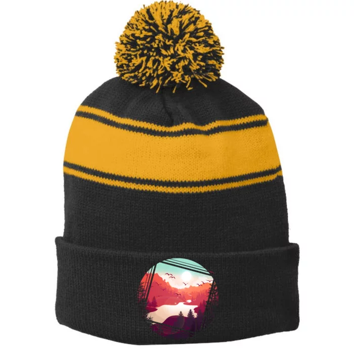 Wilderness Nature Scenery Stripe Pom Pom Beanie