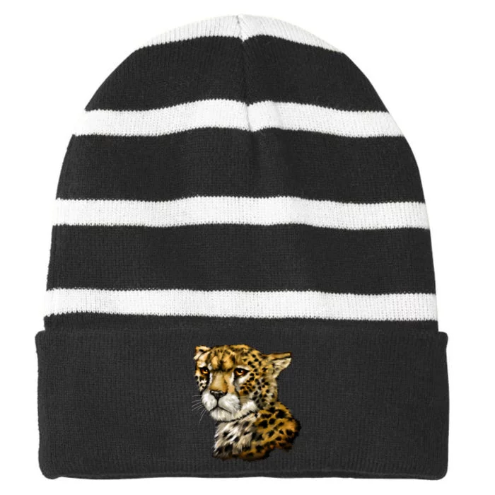 Wildlife - Big Face Cheetah Portrait Striped Beanie with Solid Band