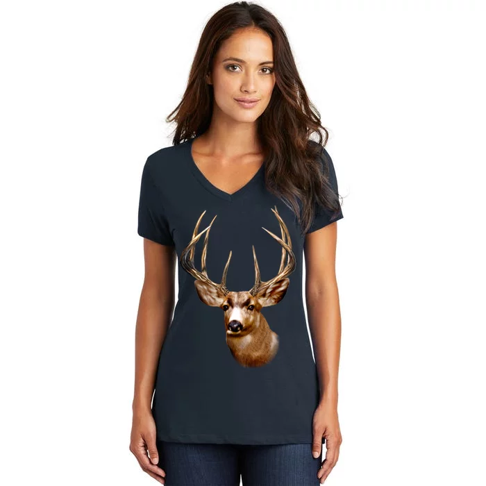 Wildlife - Big Face Deer Head Portrait Women's V-Neck T-Shirt