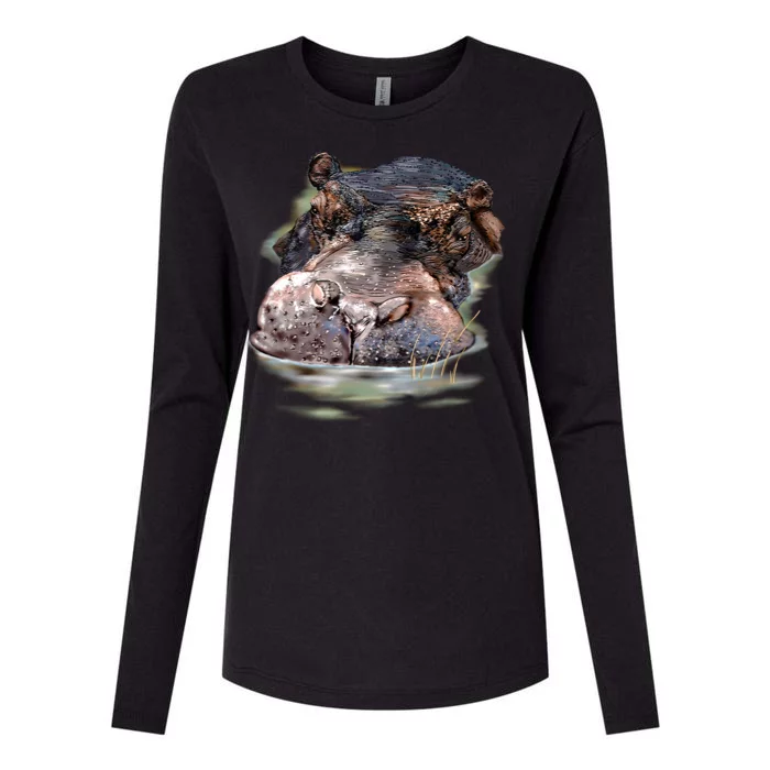 Wildlife - Big Face Hippo Portrait Womens Cotton Relaxed Long Sleeve T-Shirt