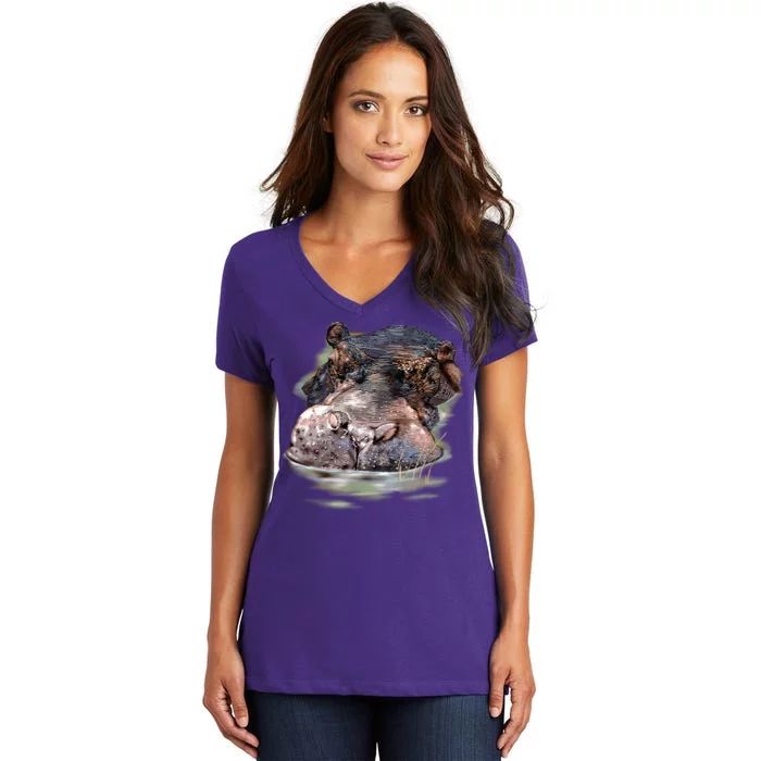 Wildlife - Big Face Hippo Portrait Women's V-Neck T-Shirt