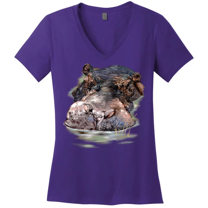 Wildlife - Big Face Hippo Portrait Women's V-Neck T-Shirt