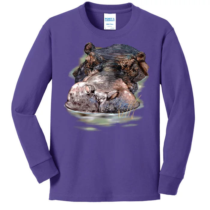 Wildlife - Big Face Hippo Portrait Kids Long Sleeve Shirt