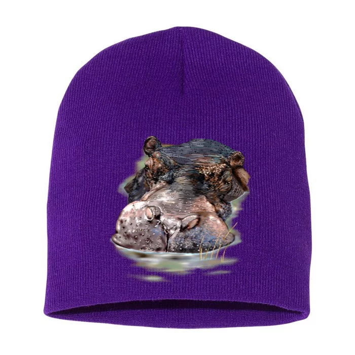 Wildlife - Big Face Hippo Portrait Short Acrylic Beanie