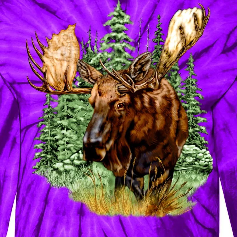 Wildlife - Moose Portrait Tie-Dye Long Sleeve Shirt