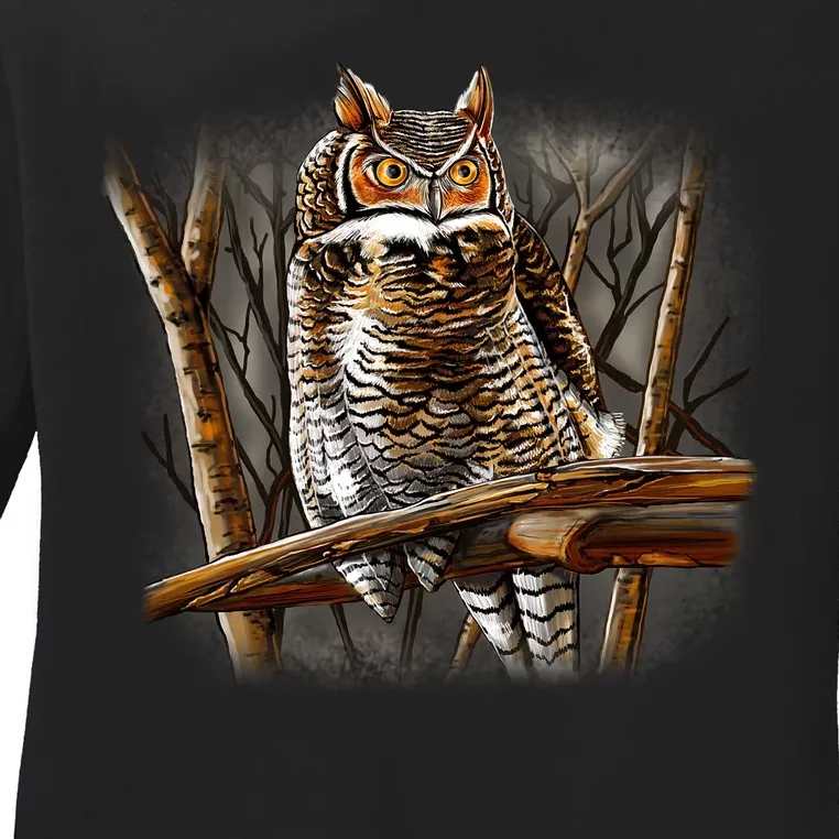 Wildlife - Owl Perched Ladies Long Sleeve Shirt