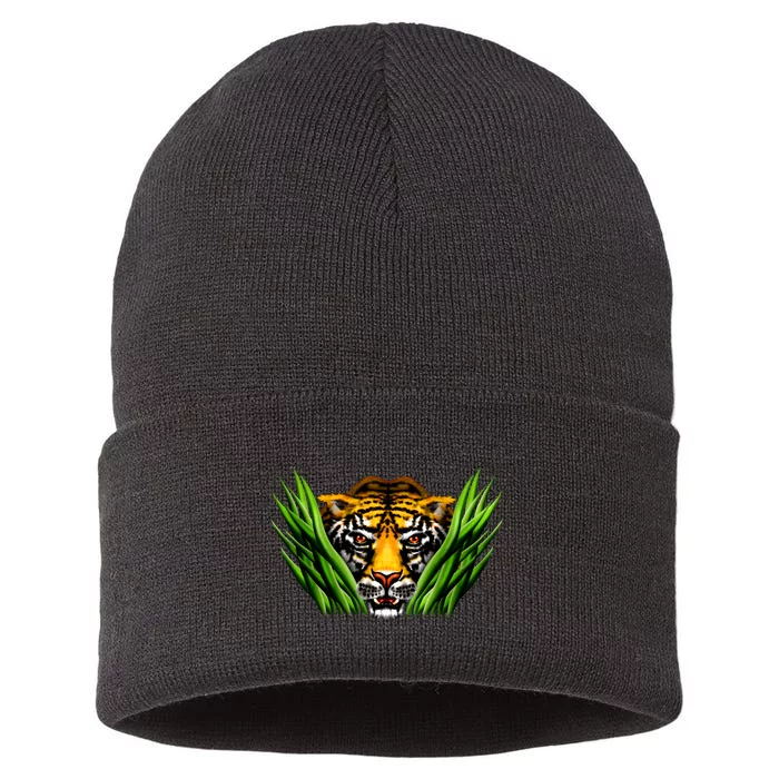 Wildlife - Tiger In Grass Portrait Sustainable Knit Beanie