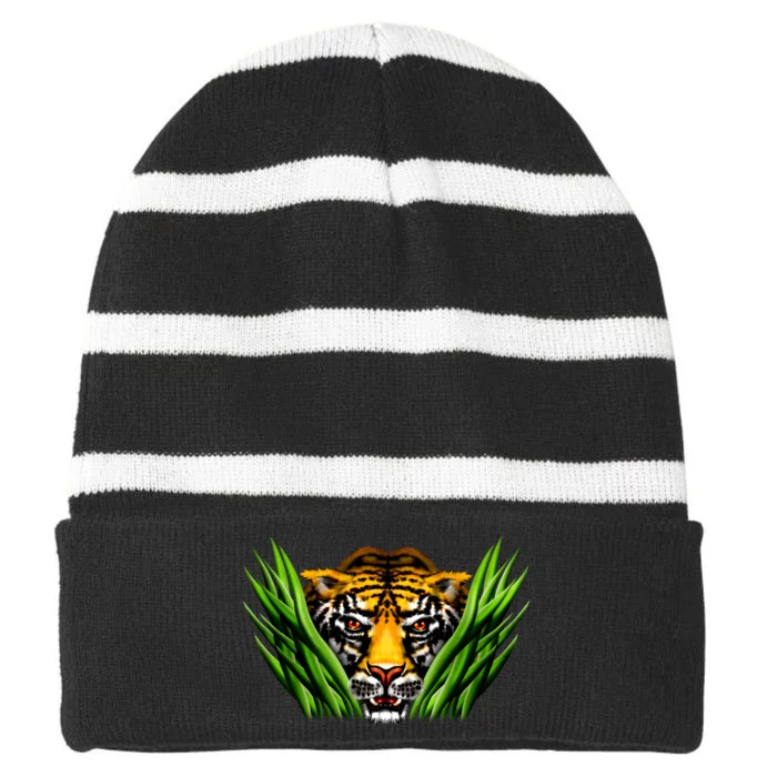 Wildlife - Tiger In Grass Portrait Striped Beanie with Solid Band