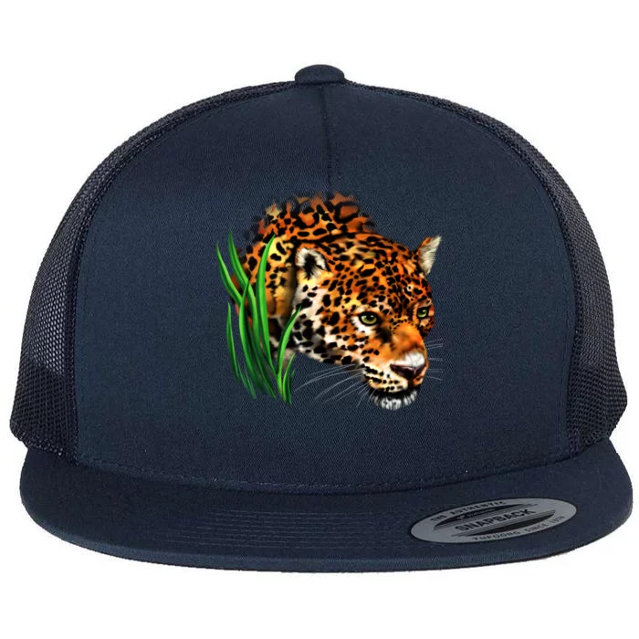 Wildlife Big Face Jaguar In Grass Portrait Flat Bill Trucker Hat