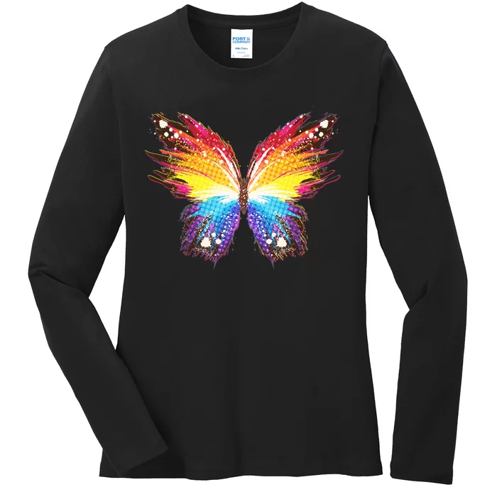 Wildly Painted Rainbow Butterfly Ladies Long Sleeve Shirt