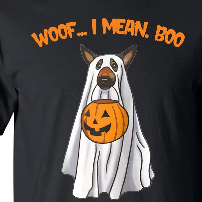 Woof I Mean Boo German Shepherd Dog Ghost Funny Halloween Raglan Baseball Tee Tall T-Shirt