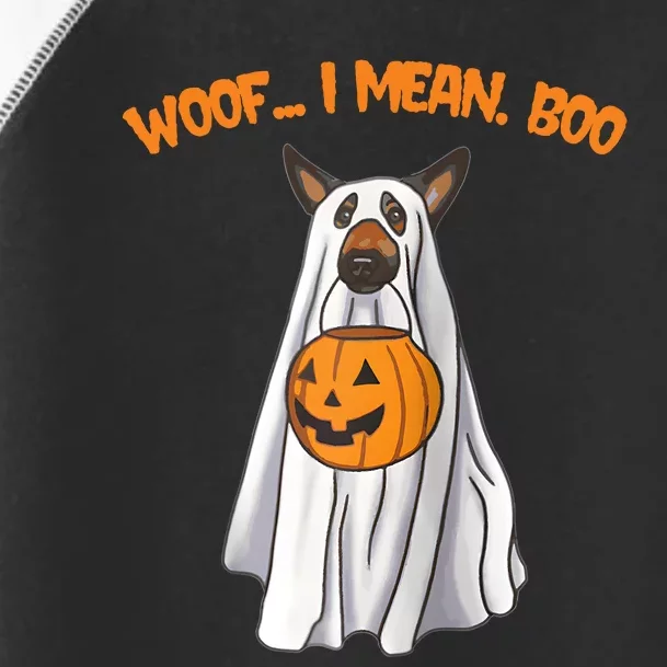 Woof I Mean Boo German Shepherd Dog Ghost Funny Halloween Raglan Baseball Tee Toddler Fine Jersey T-Shirt