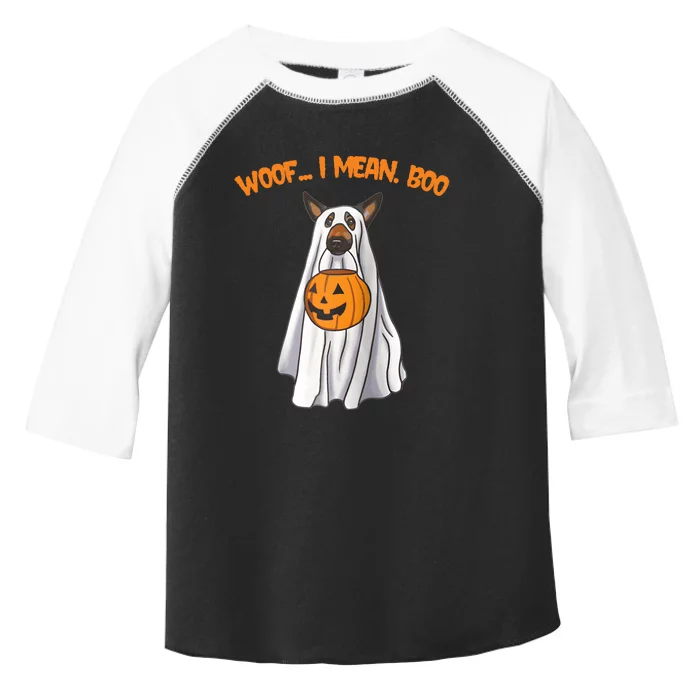 Woof I Mean Boo German Shepherd Dog Ghost Funny Halloween Raglan Baseball Tee Toddler Fine Jersey T-Shirt