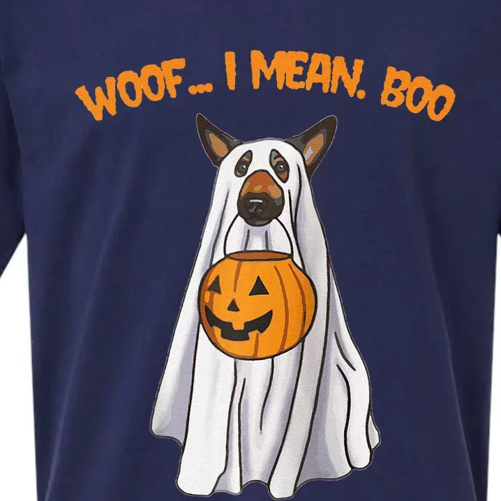 Woof I Mean Boo German Shepherd Dog Ghost Funny Halloween Raglan Baseball Sueded Cloud Jersey T-Shirt