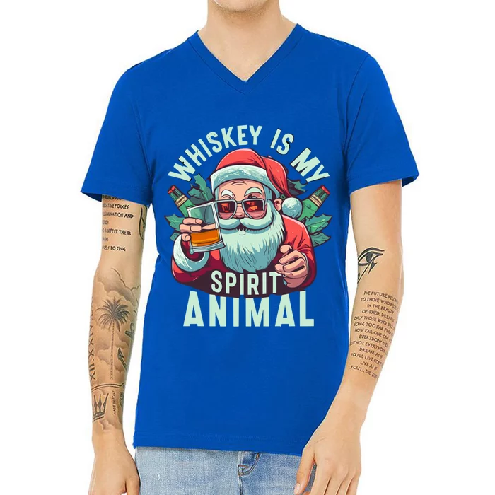 Whiskey Is My Spirit Animal Funny Santa Ing Christmas Funny Gift V-Neck T-Shirt