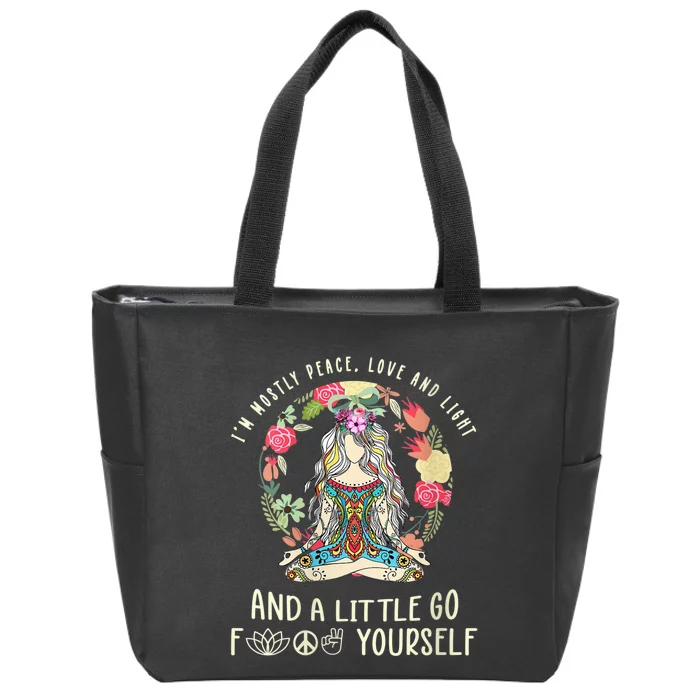 Wo I'm Mostly Peace Love And Light Funny Yoga Hippie Girl Wo V-Neck Zip Tote Bag