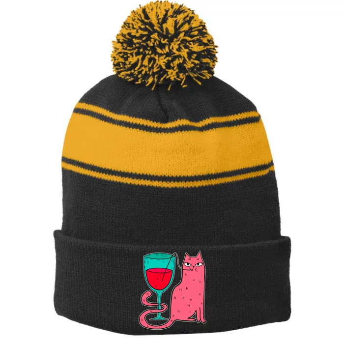 Wino Kitty Stripe Pom Pom Beanie