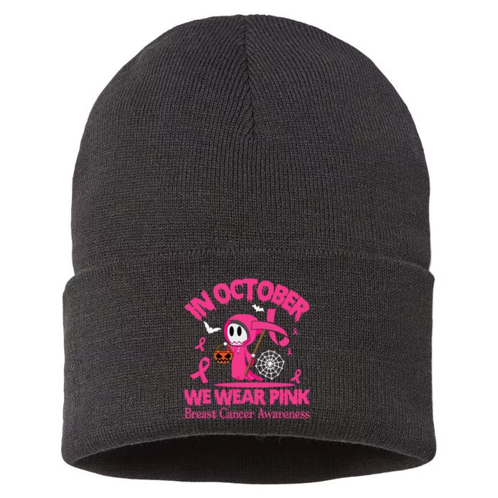 Women In October We Wear Pin.K Ghost Skull Breast Cancer Sustainable Knit Beanie